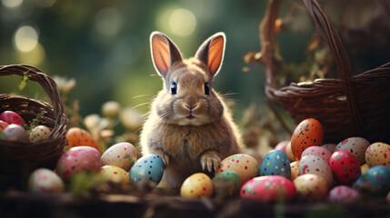 Fototapeta na wymiar A bunny nestled among speckled eggs invites you to a magical Easter Egg Hunt Adventure in the woods.