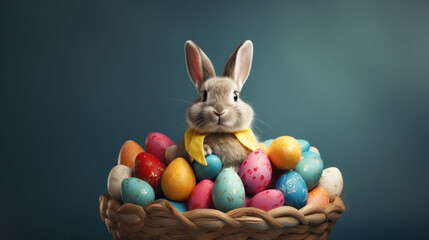 Fototapeta na wymiar A bunny adorned with a yellow scarf sits among a colorful basket of eggs, ready for an Easter Egg Hunt Adventure.