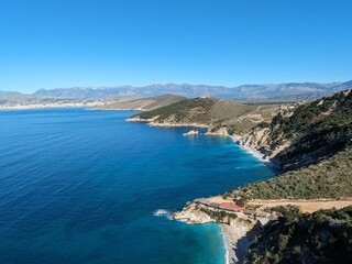 Albanian mountains aerial panorama landscape with scenic views of rocky hills near the seaside, showcasing the natural beauty of Albania.