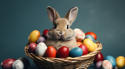 Fototapeta na wymiar Contented bunny amidst a basket of multicolored eggs, capturing the essence of Easter Bunny Festive Moments.