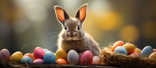 A bunny rests by a basket of pastel Easter eggs, tranquil Easter Bunny Festive Moments encapsulated.