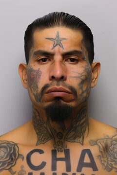 headshot mugshot of a gang member hispanic man looking at the camera with his body covered with tattoos on gray background