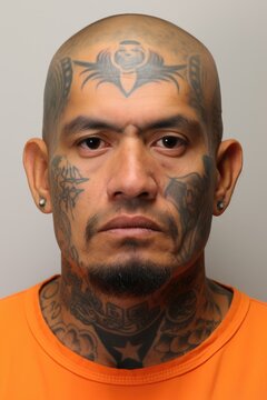headshot mugshot of a gang member hispanic man looking at the camera with his body covered with tattoos on gray background