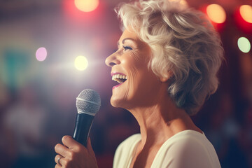 A mature woman singing in karaoke - obrazy, fototapety, plakaty
