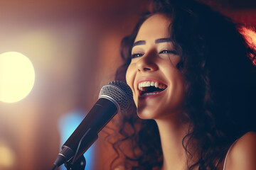 A woman singing in karaoke, closeup detailed photo, soft lighting - obrazy, fototapety, plakaty