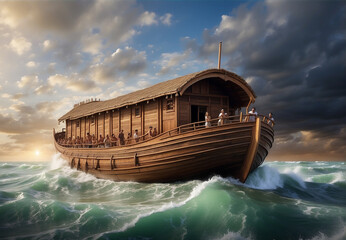 Noah's Ark, a huge ancient wooden ship floating on the sea - obrazy, fototapety, plakaty