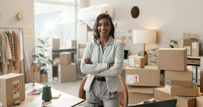 Delivery, shipping and face of woman with crossed arms for distribution, logistics and ecommerce. Professional, online shopping and portrait of person with boxes for supply chain business or startup