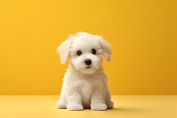 Obraz premium White Puppy on a Yellow Background