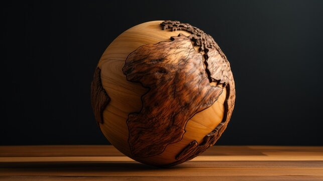  a carved wooden egg with a map of the world on it's side, on a wooden surface, against a black background.