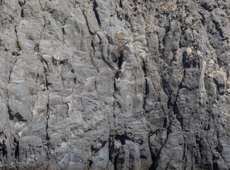 Weathered seaside rock face texture . Aged volcanic stone wall surface background pattern with...