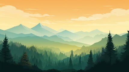  a scenic view of a mountain range with pine trees in the foreground and a yellow sky in the background.