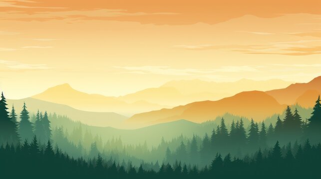  a painting of a sunset over a mountain range with a forest in the foreground and trees in the foreground.