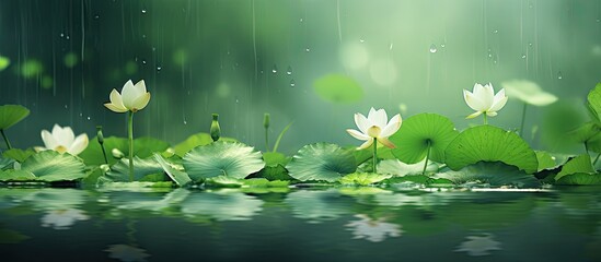 In the serene setting of nature's embrace, an abstract beauty unveils itself: lush green grass swaying gently, sunlight dancing upon raindrops as they caress the leaves of a lotus plant, creating a