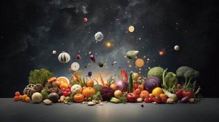  a bunch of different fruits and vegetables flying through the air in front of a dark sky filled with stars and planets.