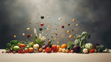  a group of fruits and vegetables falling into the air with a lot of food falling out of the sky in the background.