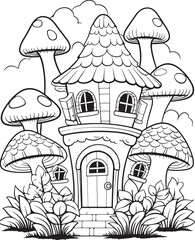 Mushroom coloring page. Mushroom coloring book page. Black and white mushroom outline. Mushroom house coloring page.
