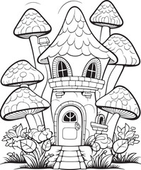 Mushroom coloring page. Mushroom coloring book page. Black and white mushroom outline. Mushroom house coloring page.