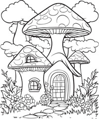 Mushroom coloring page. Mushroom coloring book page. Black and white mushroom outline. Mushroom house coloring page.