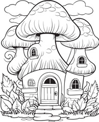 Mushroom coloring page. Mushroom coloring book page. Black and white mushroom outline. Mushroom house coloring page.