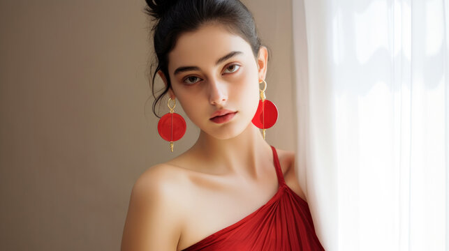 a woman posing for a photo sitting in a red dress and golden earring set