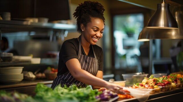 African American female chef having fun while preparing food in the kitchen at restaurant.