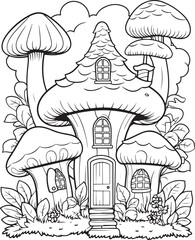 Mushroom coloring page. Mushroom coloring book page. Black and white mushroom outline. Mushroom house coloring page.