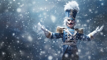  a nutcracker dressed in a blue uniform with his hands out in front of him and snow falling all around him.