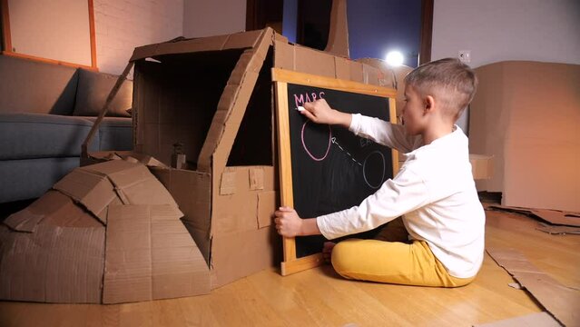 the boy is planning a flight to Mars on a spaceship. New mission to Mars.