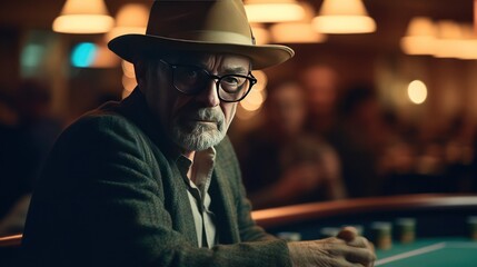 Portrait of an elderly man in a casino playing roulette with a hat and dressed appropriately - obrazy, fototapety, plakaty