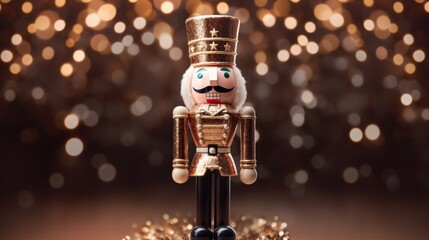 Fototapeta na wymiar a nutcracker figurine sitting on top of a pile of gold confetti with lights in the background.
