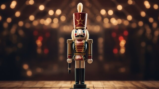  a nutcracker figurine standing on a wooden floor in front of a stage with lights in the background.