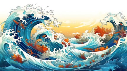  a painting of an ocean wave with orange and blue fish coming out of the water and splashing on the water.