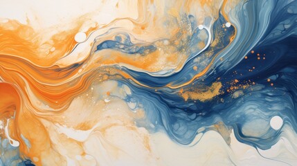  an abstract painting with blue, orange, and white swirls and dots on a light blue and yellow background.