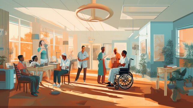  a painting of a group of people in a room with a person in a wheel chair in the middle of the room.