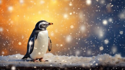  a small penguin standing on top of a pile of snow in front of a yellow and blue sky with snow flakes.