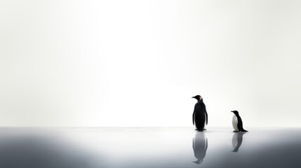  a couple of penguins standing next to each other on top of a body of water in front of a white wall.