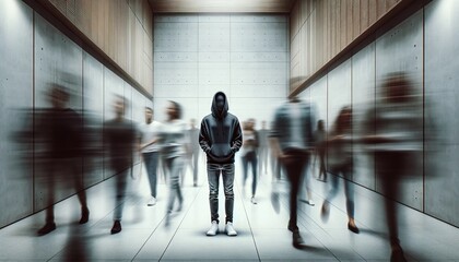 Solitary figure stands in calm repose as blurred passersby convey life's pace