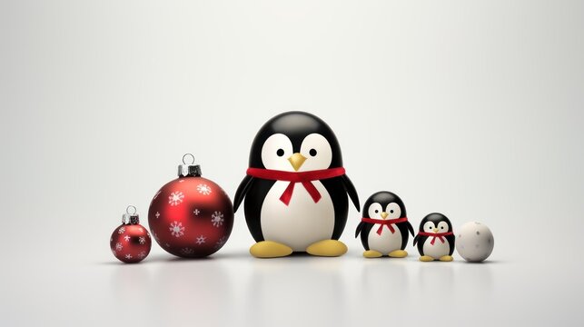  a group of penguins standing next to each other in front of a christmas ornament and bauble.