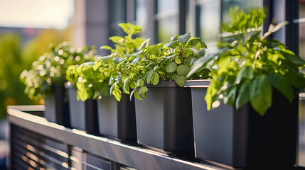Des plantes qui poussent dans des jardinières alignées sur le garde-corps d'un balcon, formant un petit jardin suspendu. - obrazy, fototapety, plakaty