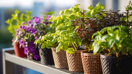 Des plantes et des pots de basilic sur la terrasse d'un appartement. - obrazy, fototapety, plakaty