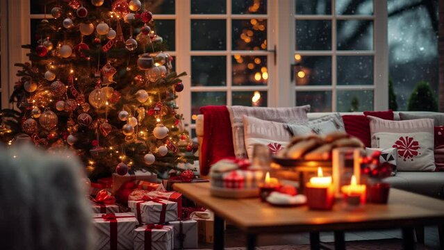 Christmas eve cozy mood in classic decorated living room with fire burning in fireplace, christmas tree, candles and gifts. Family rest. December holidays, winter, warm indoor. AI Generative