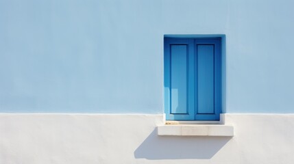  a blue and white building with a window and blue shutters and a cat sitting on the window sill.