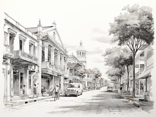 A typical view of an old small town in Southeast Asia. It is usually inhabited by Chinese immigrants who were brought by the colonists. Black and white pencil & watercolor illustration.
