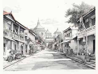 A typical view of an old small town in Southeast Asia. It is usually inhabited by Chinese immigrants who were brought by the colonists. Black and white pencil & watercolor illustration.
 - obrazy, fototapety, plakaty