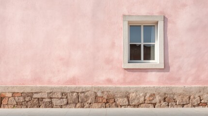  a red fire hydrant sitting next to a pink building with a white window on the side of the building.