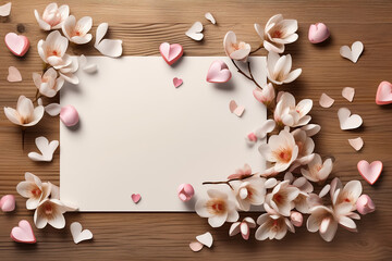 Valentine's Day greeting card mockup with hearts, flowers and a blank piece of paper for your words of love
