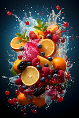 Fresh fruit falling into color water causes splashing. Flying berries. Isolated on studio background. Ad poster. Generative AI.