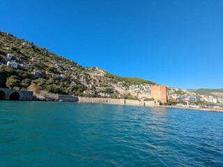 Alanya harbour and beaches on the Turkish riviera coast line,Alanya region,Turkey,panorama landscape view