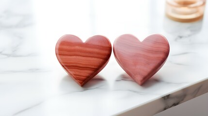 Close up of two light red Hearts on a white Marble Background. Romantic Backdrop with Copy Space