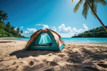 camping with a tent at a lonesome beach with a turquoise sea and blue sky in the background. Camping on ocean shore. Holidays and travel.